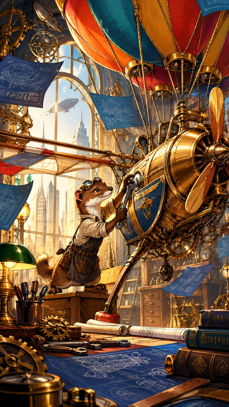 Determined weasel building a whimsical brass flying machine