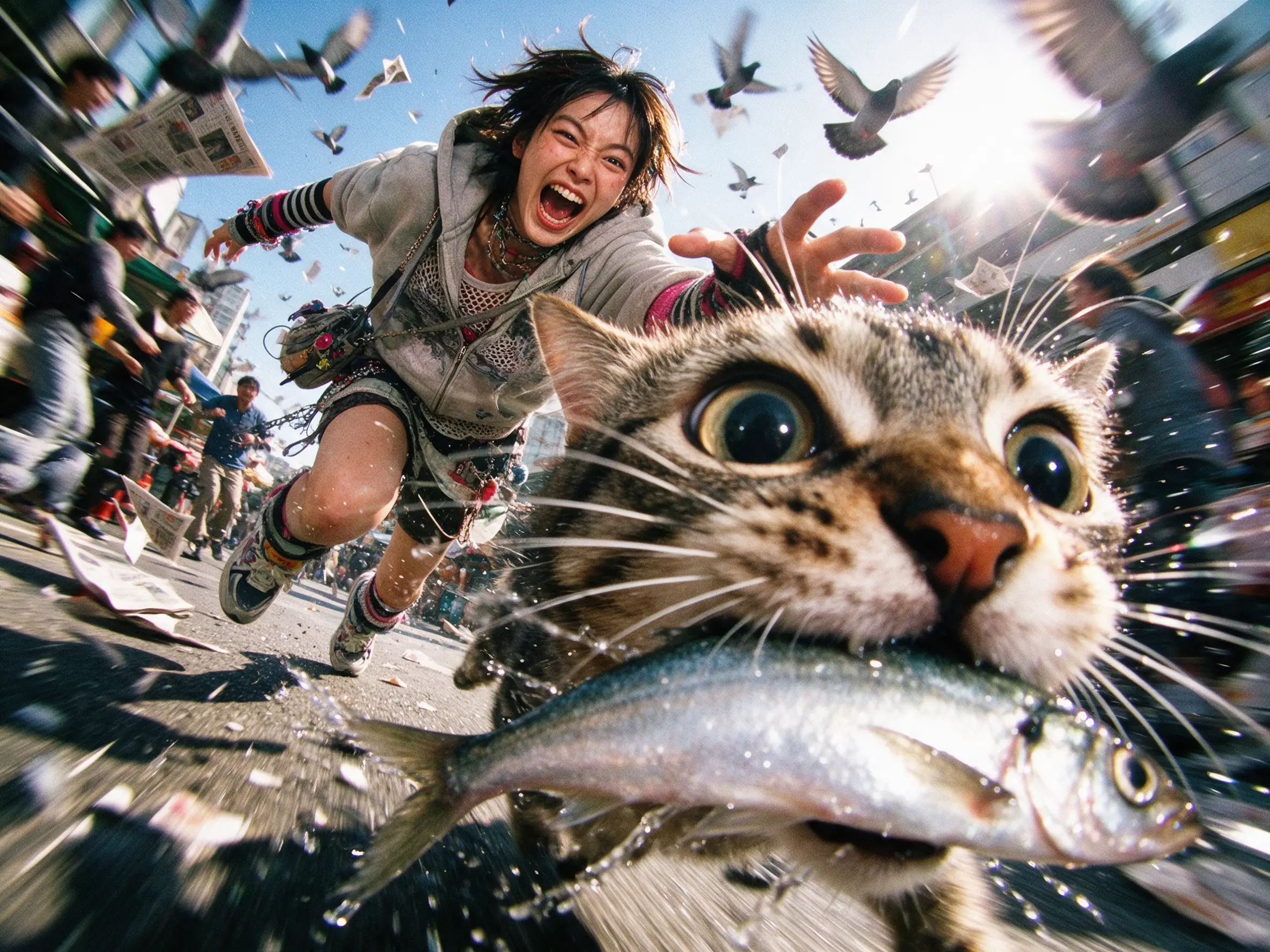 Cat sprinting toward fisheye camera through chaotic city street