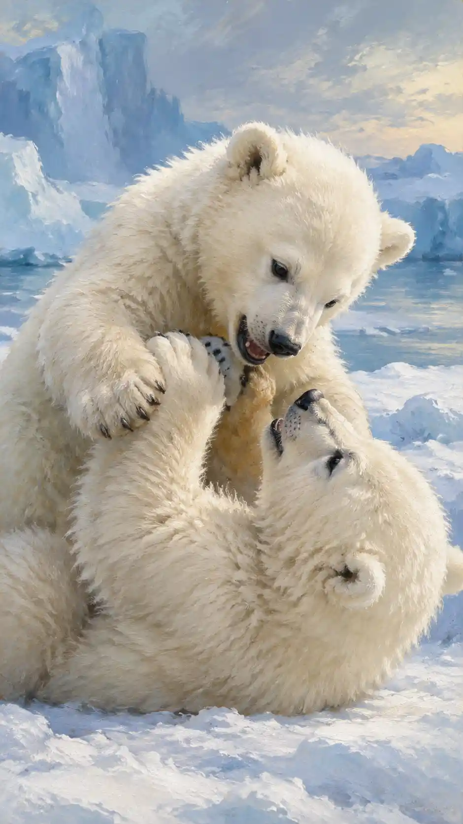 Two playful polar bear cubs wrestling on icy ground