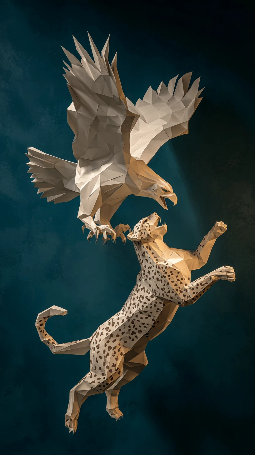 Low poly paper eagle and cheetah clash in studio