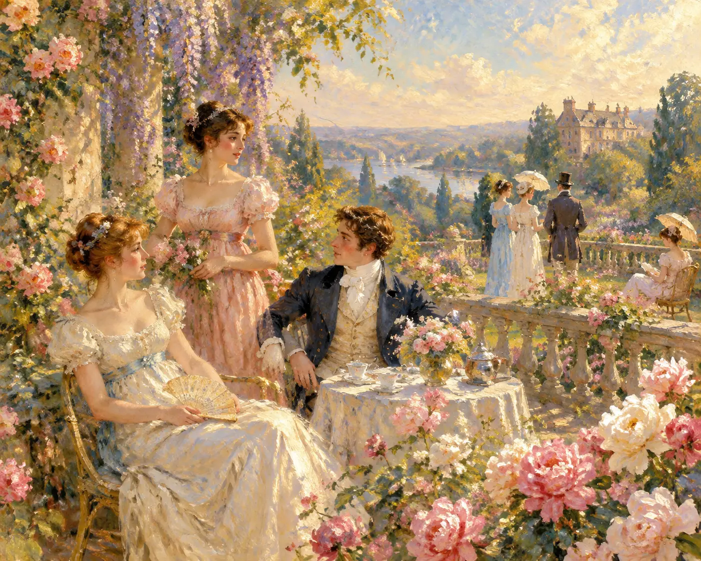 Elegant Regency figures strolling in a sunlit English garden