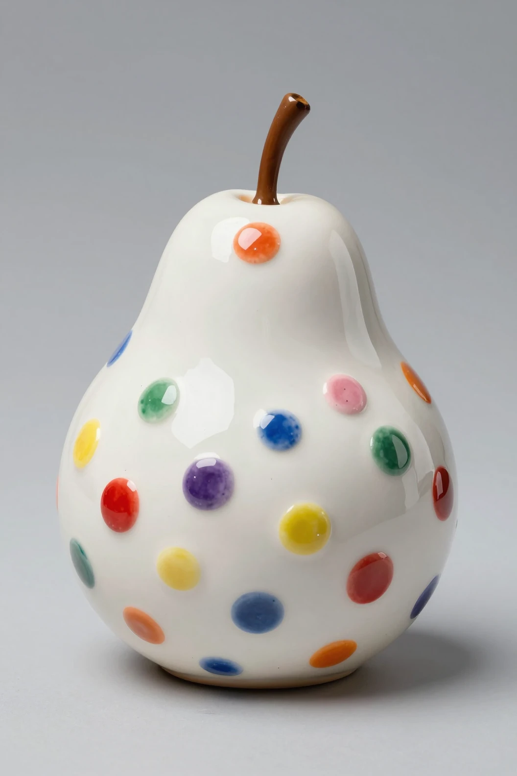 White ceramic pear sculpture with colorful enamel dots