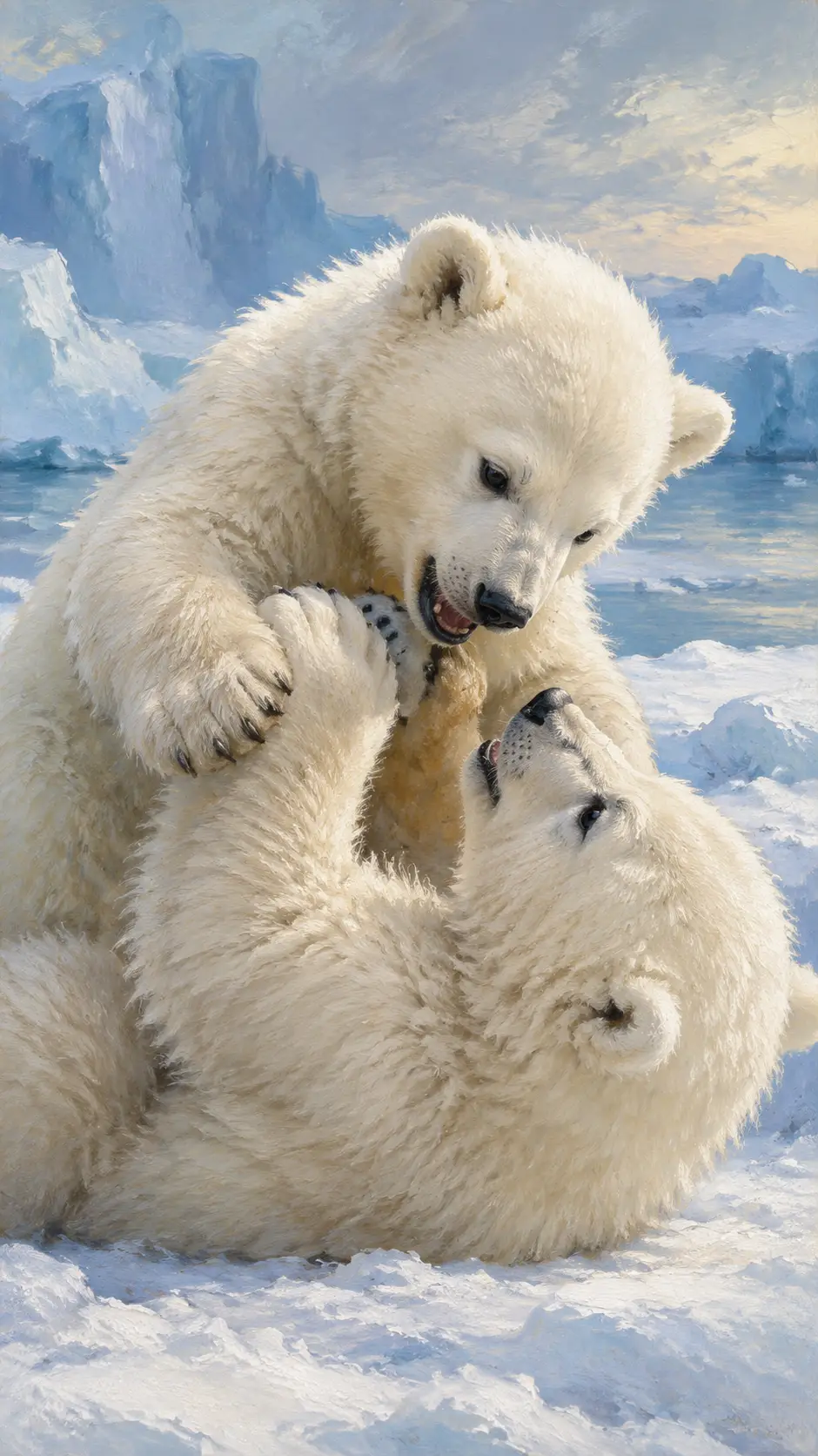 Two playful polar bear cubs wrestling on icy ground
