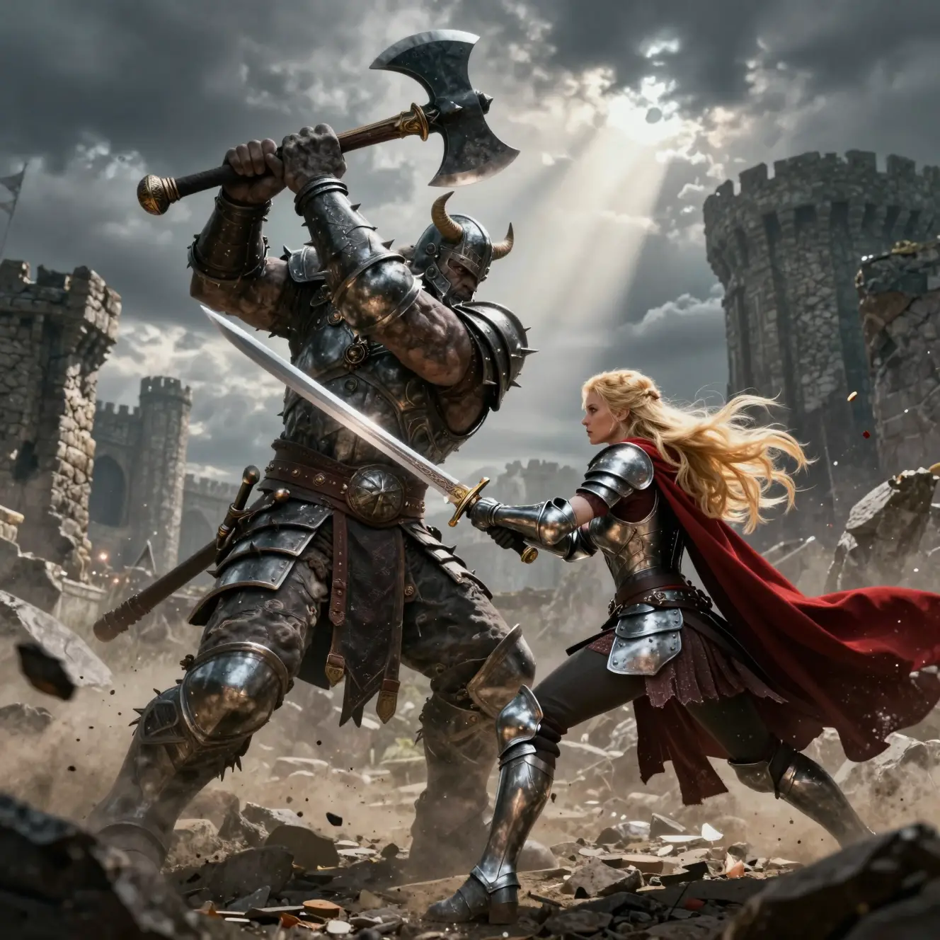 Epic clash between giant and armored warrior woman
