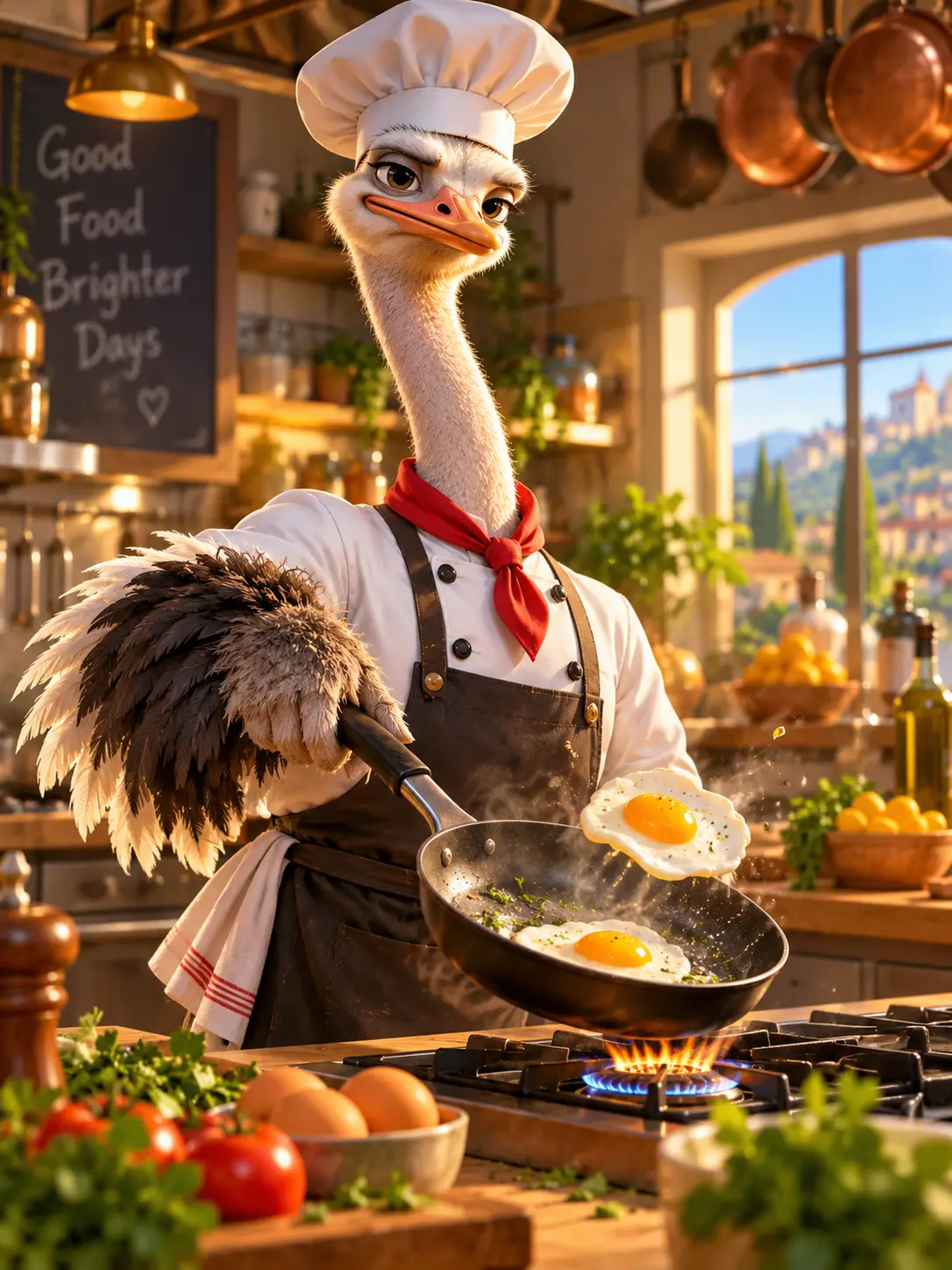 Pixar style 3D ostrich chef frying eggs in kitchen