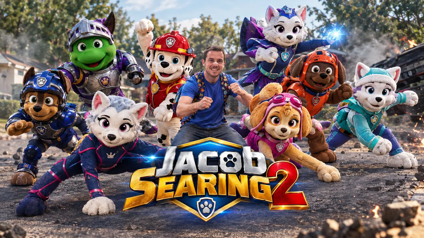 Man surrounded by eight heroic mascots in studio scene