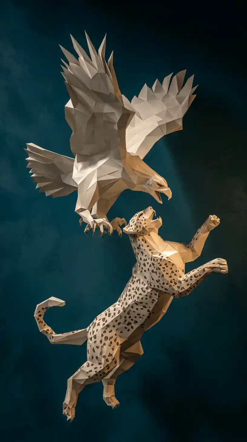 Low poly paper eagle and cheetah clash in studio