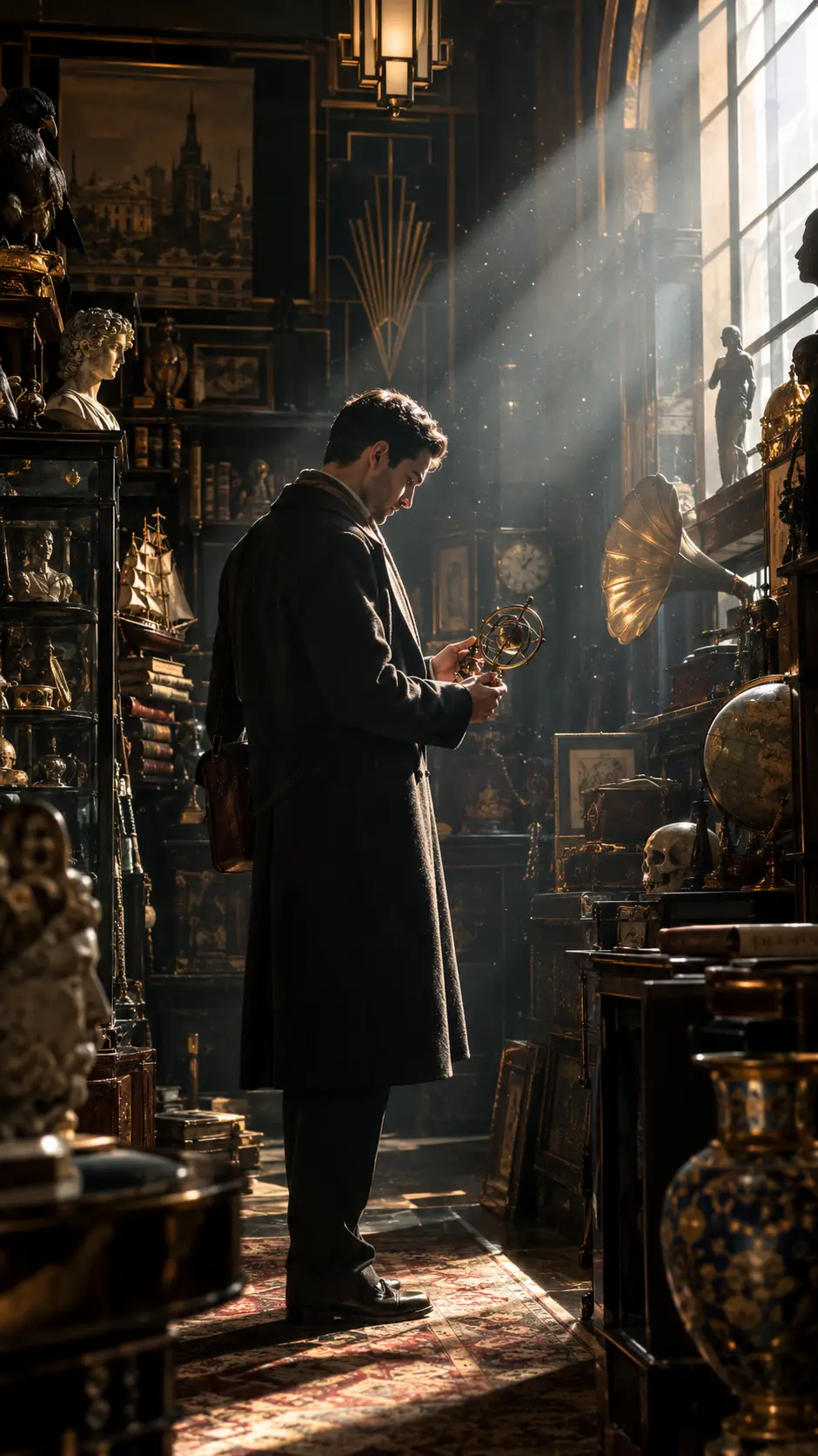 Solitary man in a dim antique shop with drifting dust motes