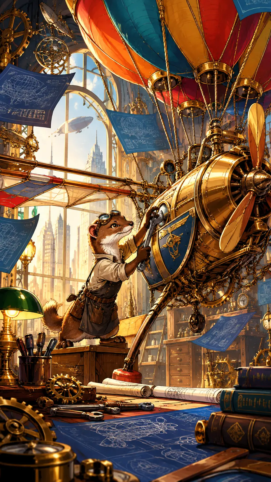 Determined weasel building a whimsical brass flying machine