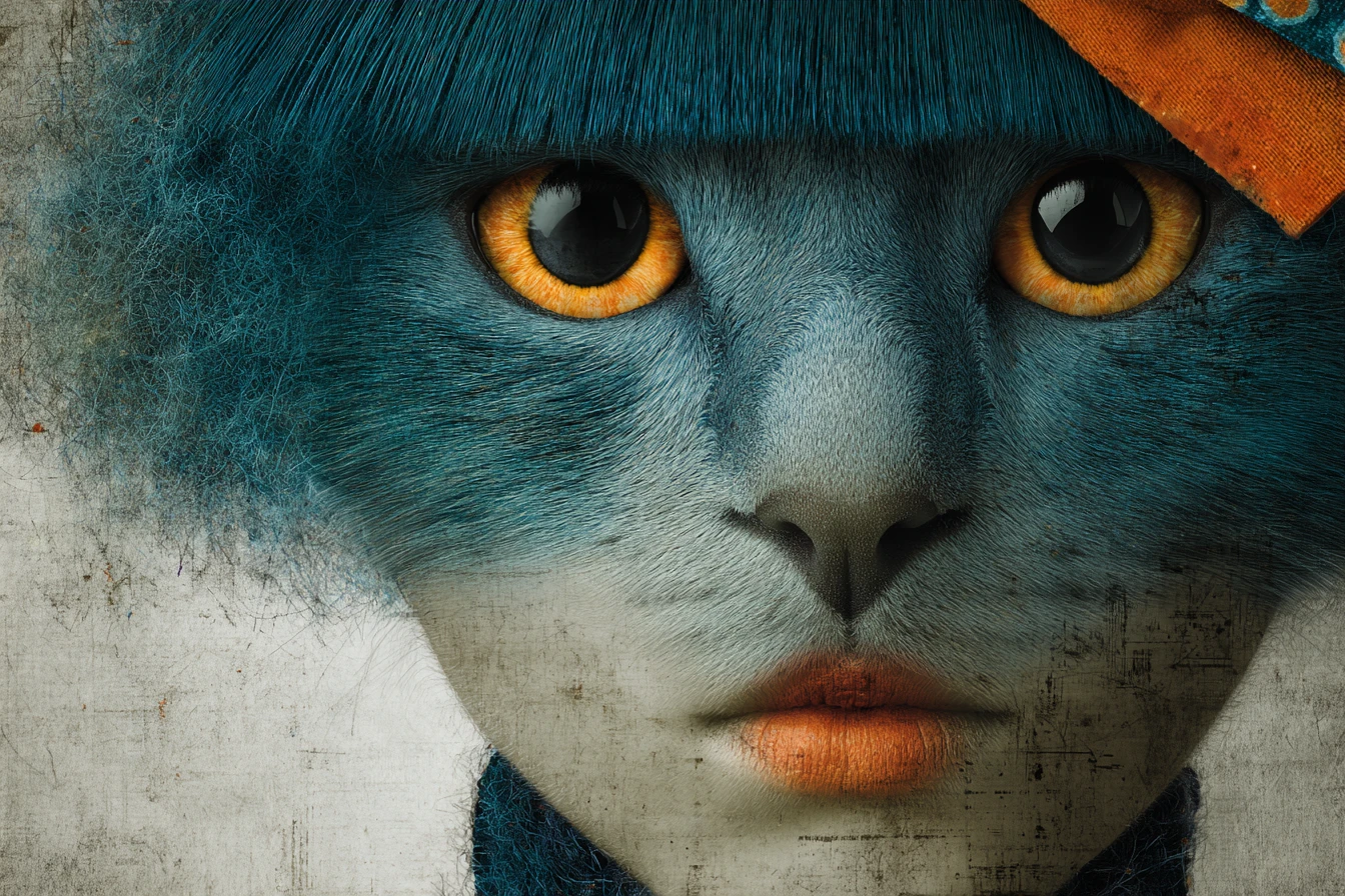 Retrato surreal de gato fashion com marcantes olhos azul-esverdeados
