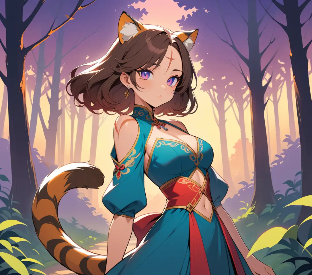 Mystical tigress woman on a sunset forest path