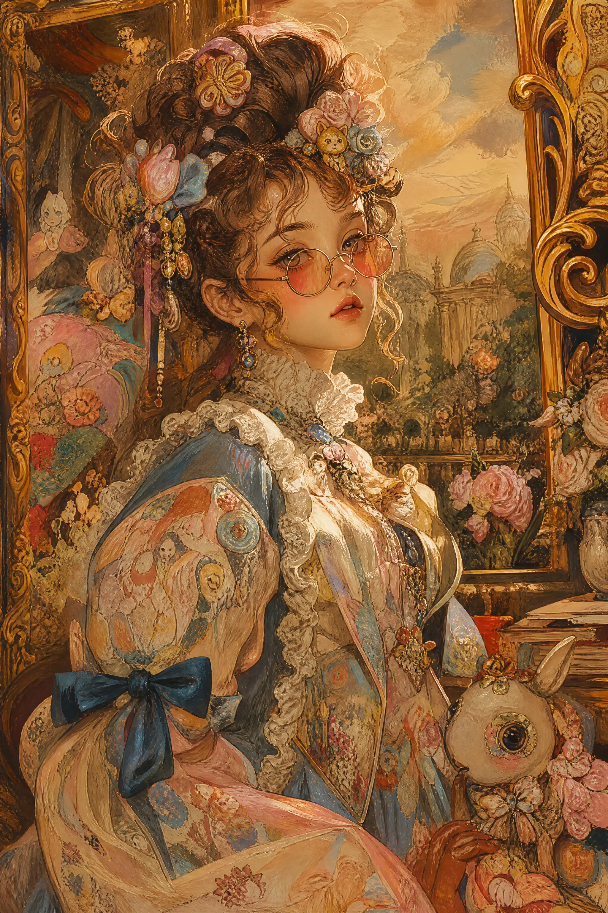 Baroque inspired girl portrait with vintage glasses and sunlight