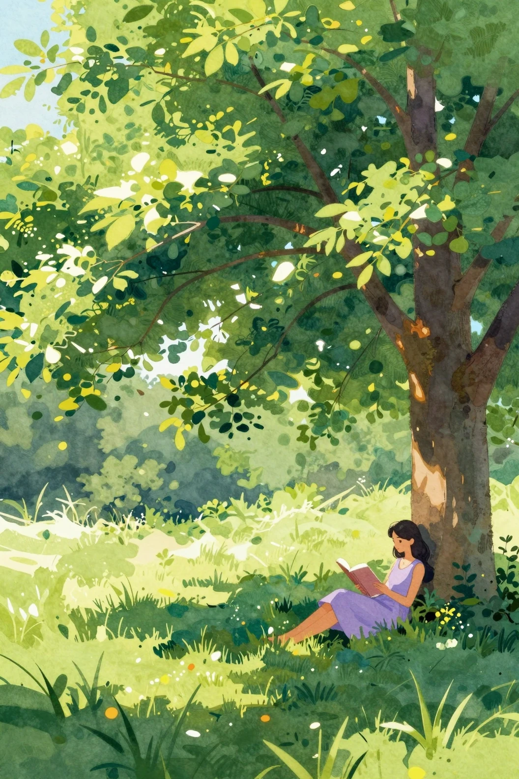 Woman reading under a sunlit tree canopy in summer