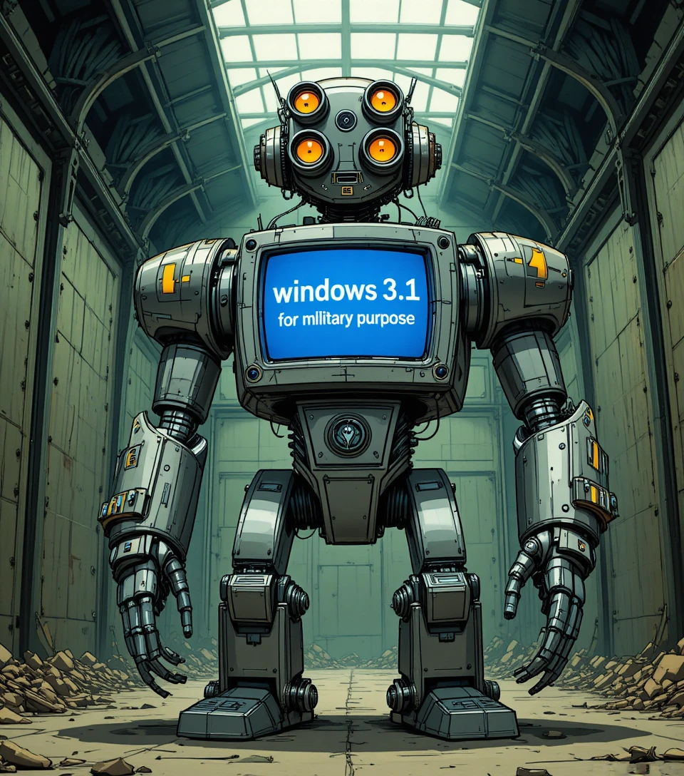 Retro war robot with glowing optics in industrial hangar