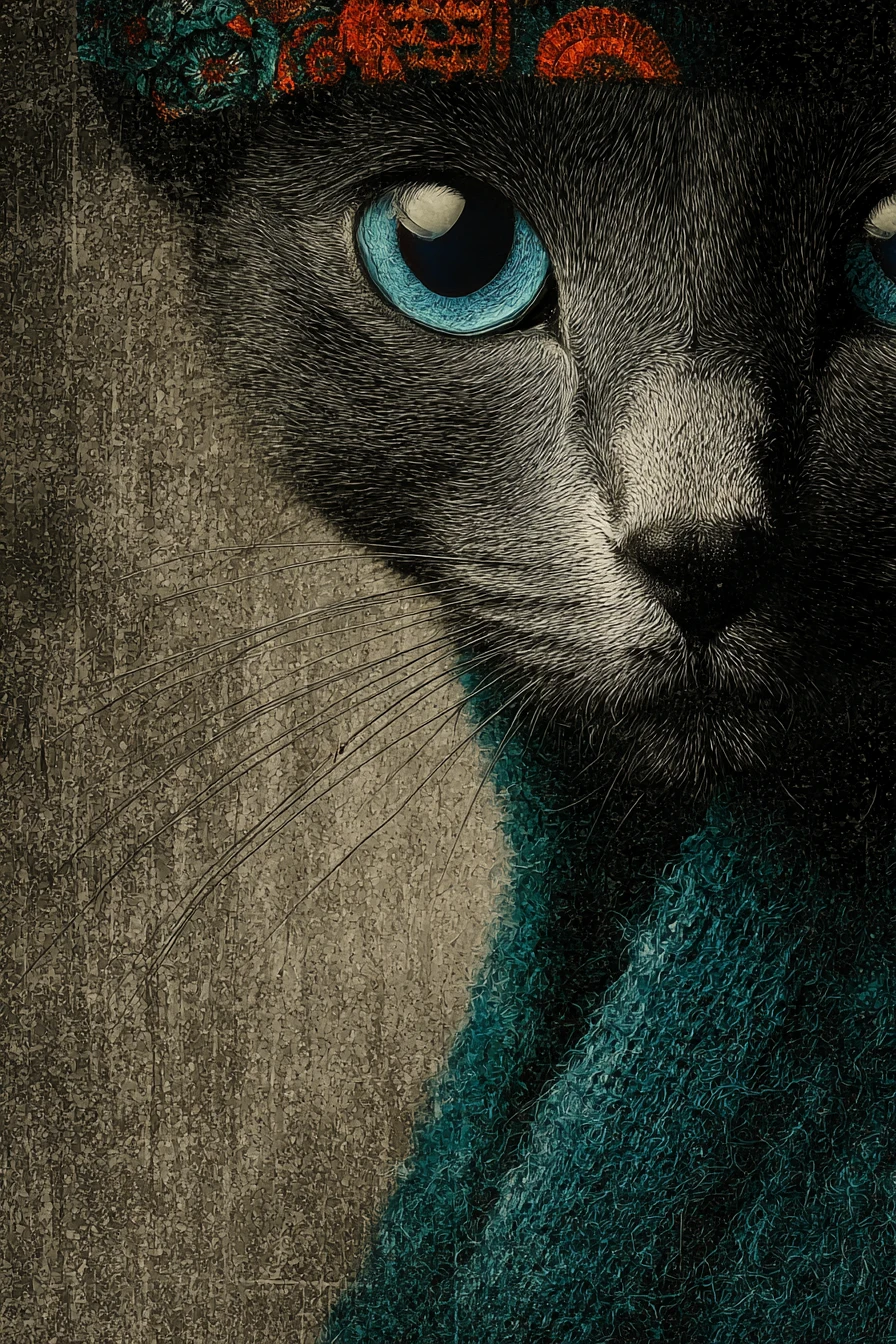 Retrato surreal de gato fashion com marcantes olhos azul-esverdeados