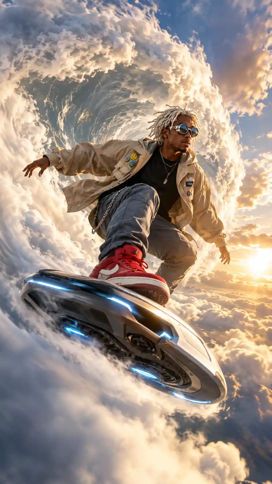 Futuristischer Surfer auf einem Hoverboard zwischen riesigen Wolken