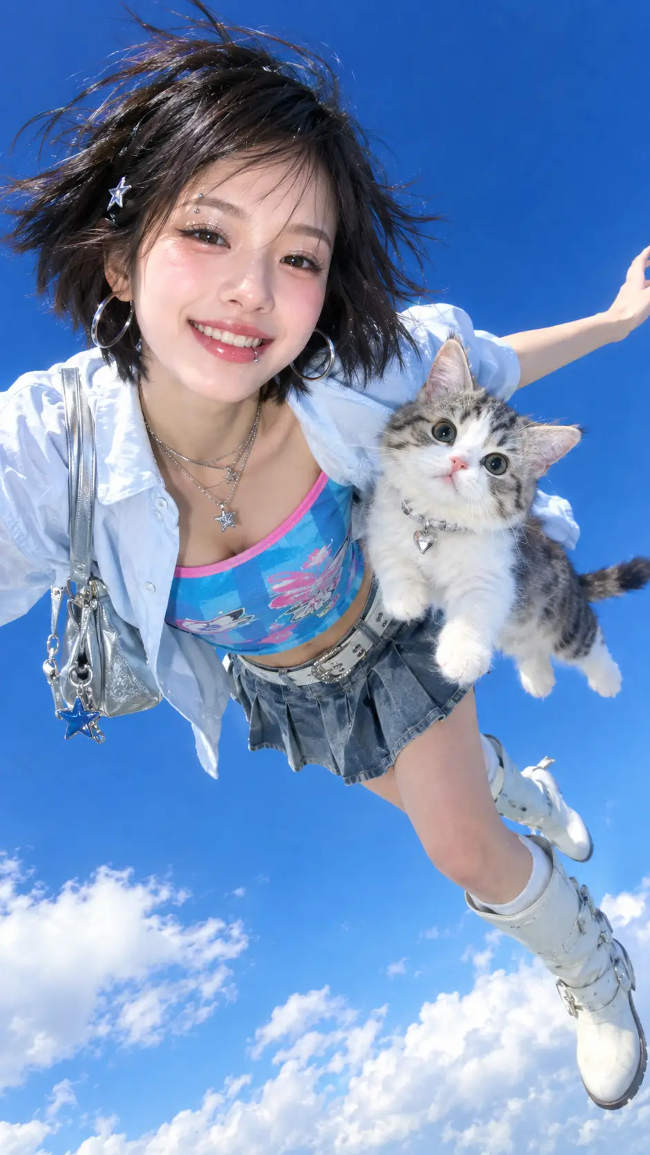 Young woman floating in the sky in playful Y2K style