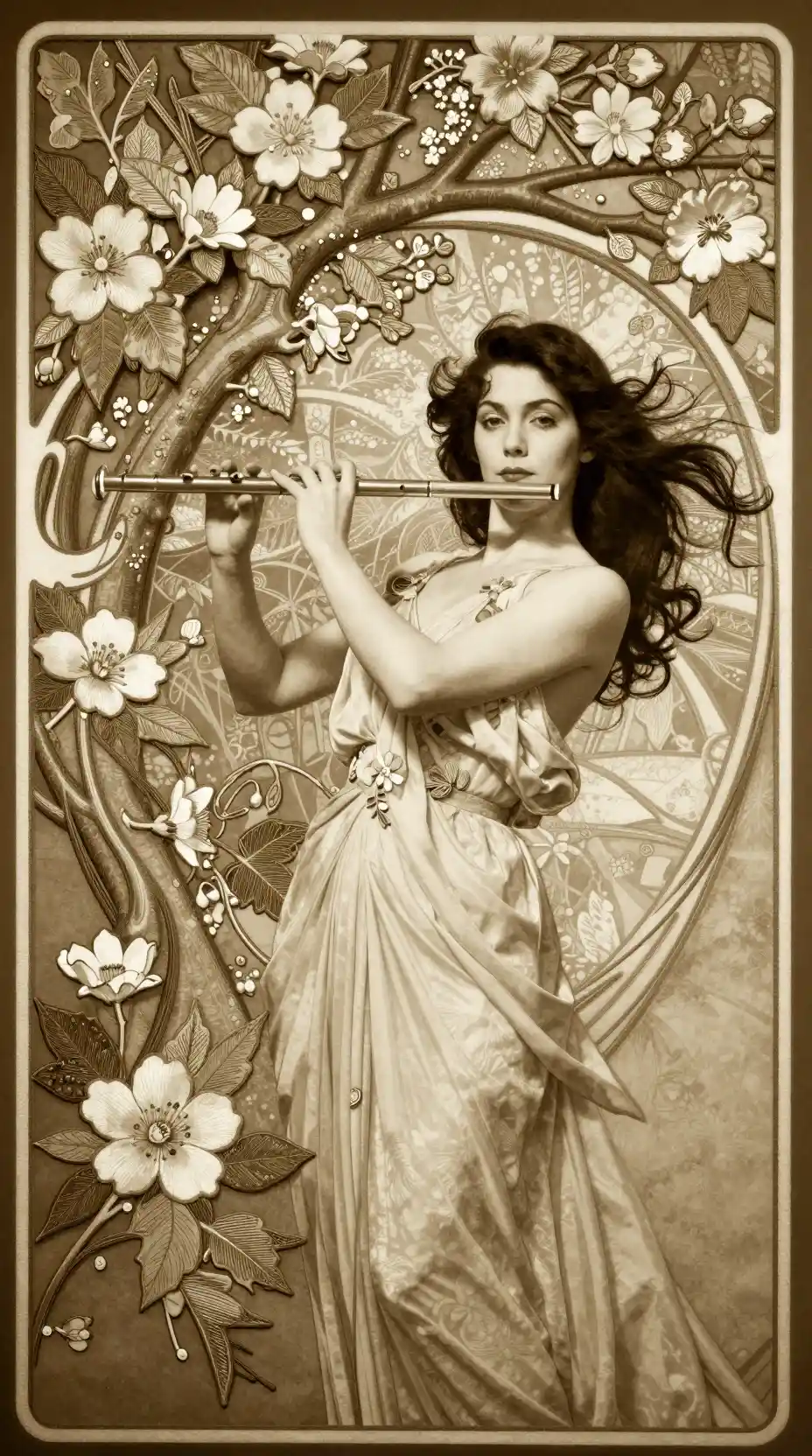 Ethereal woman in flowing gown playing flute under tree