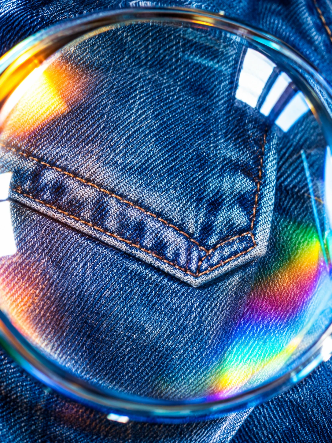 Close up denim texture with colorful glass reflections