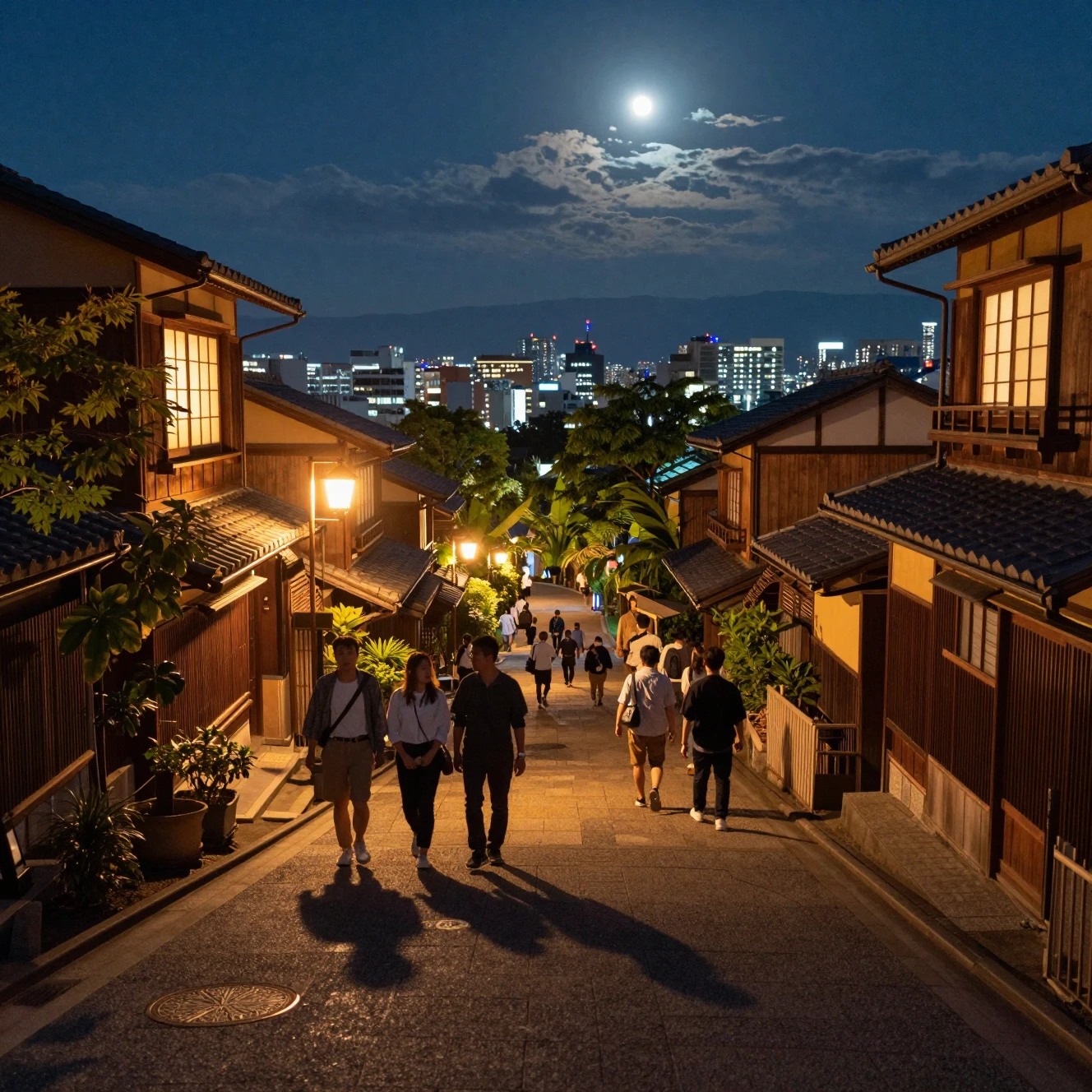 Peaceful Japanese street at night with warm lantern light