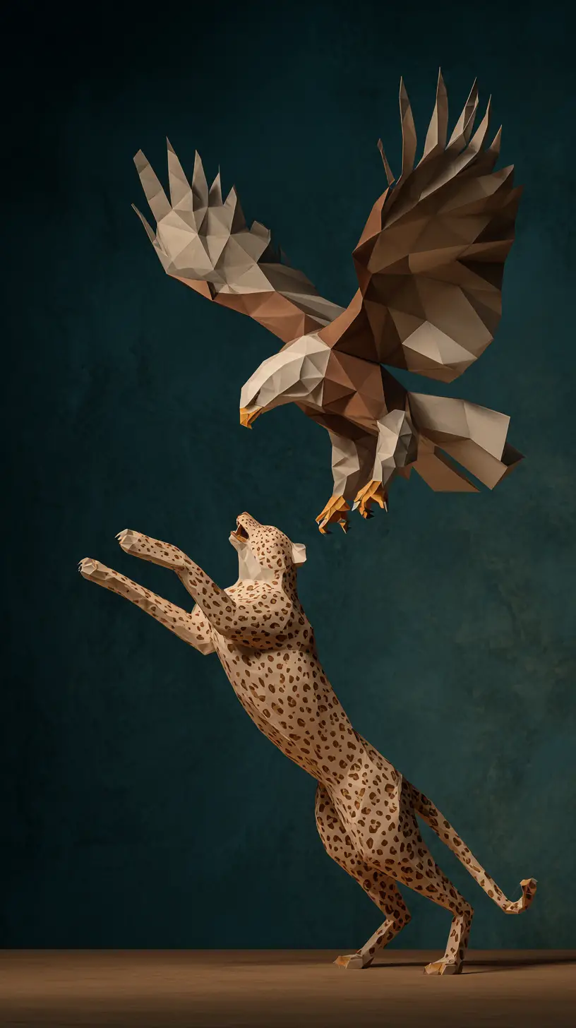 Low poly paper eagle and cheetah clash in mid air