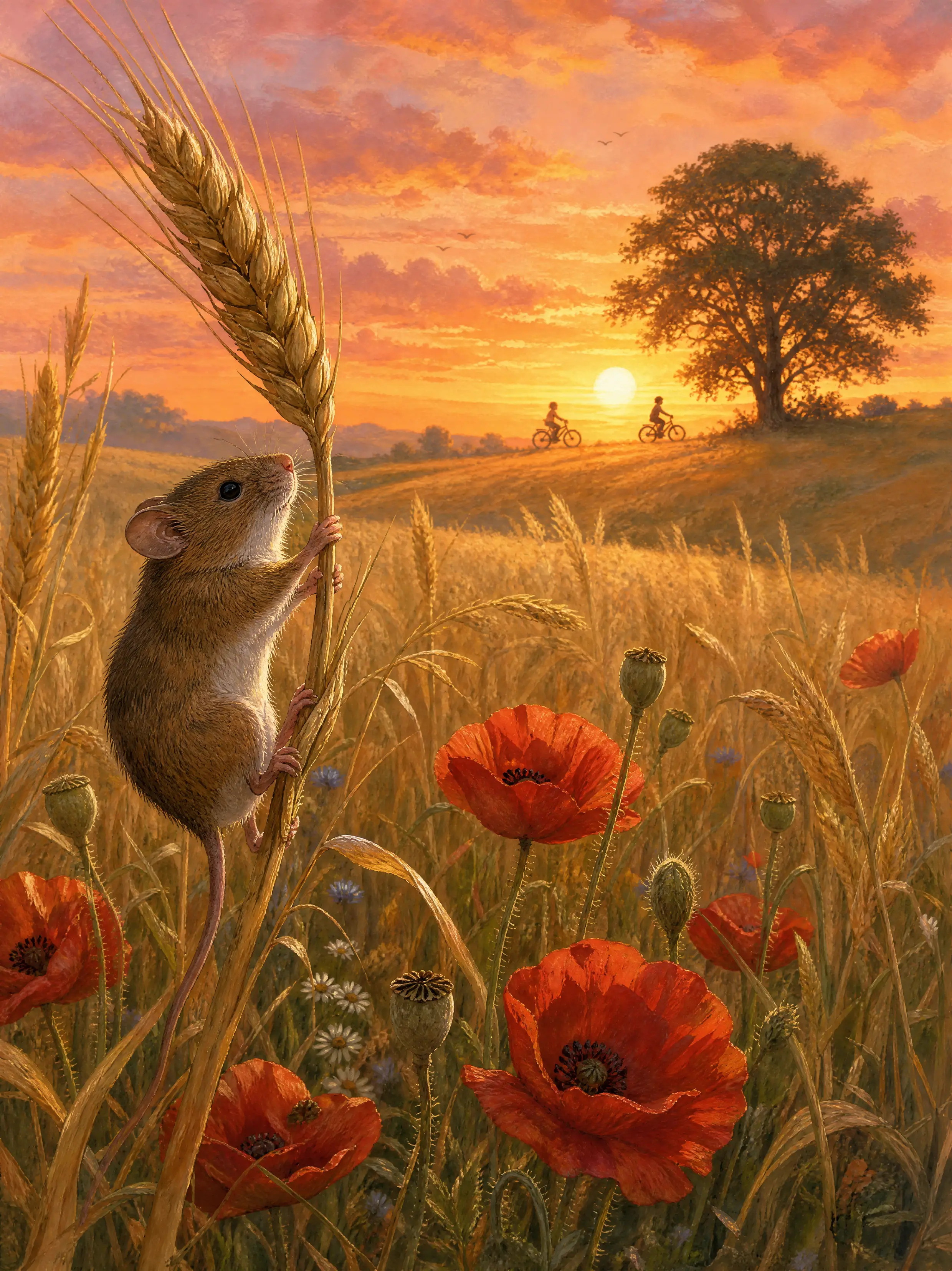 Field mouse climbing wheat among poppies at sunset