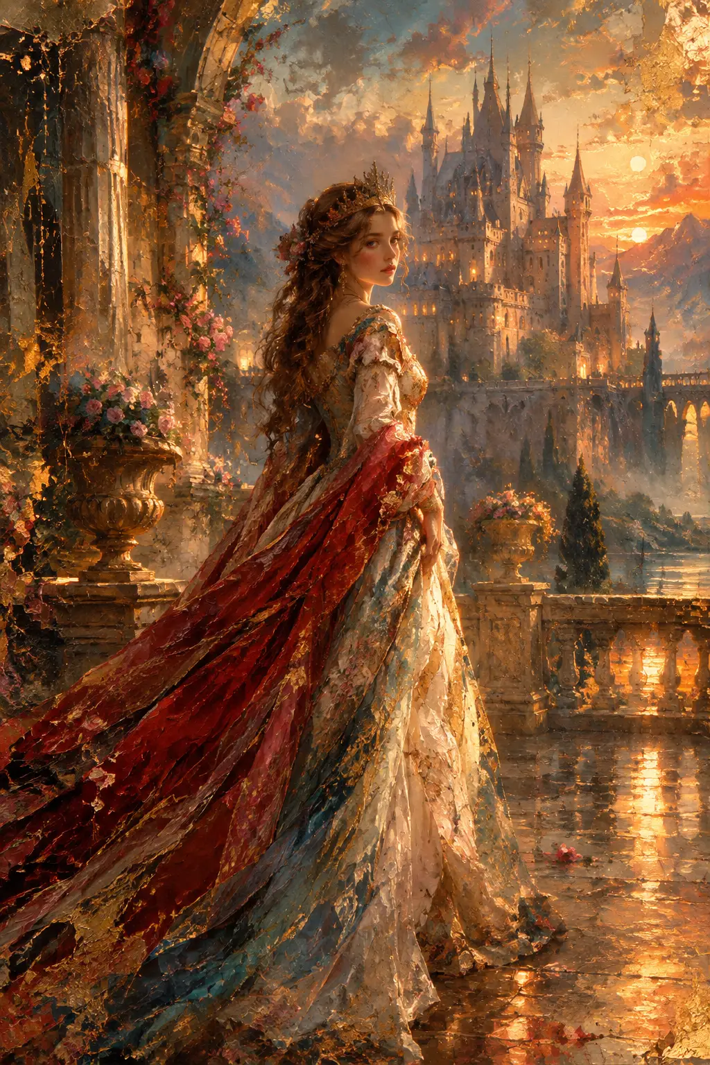 Fairytale princess in a serene enchanted castle courtyard