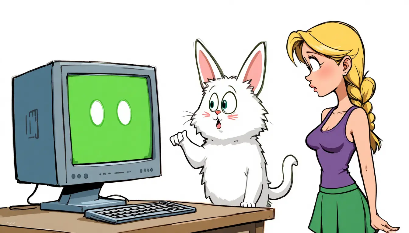 Woman and fluffy creatures watching a bright computer screen