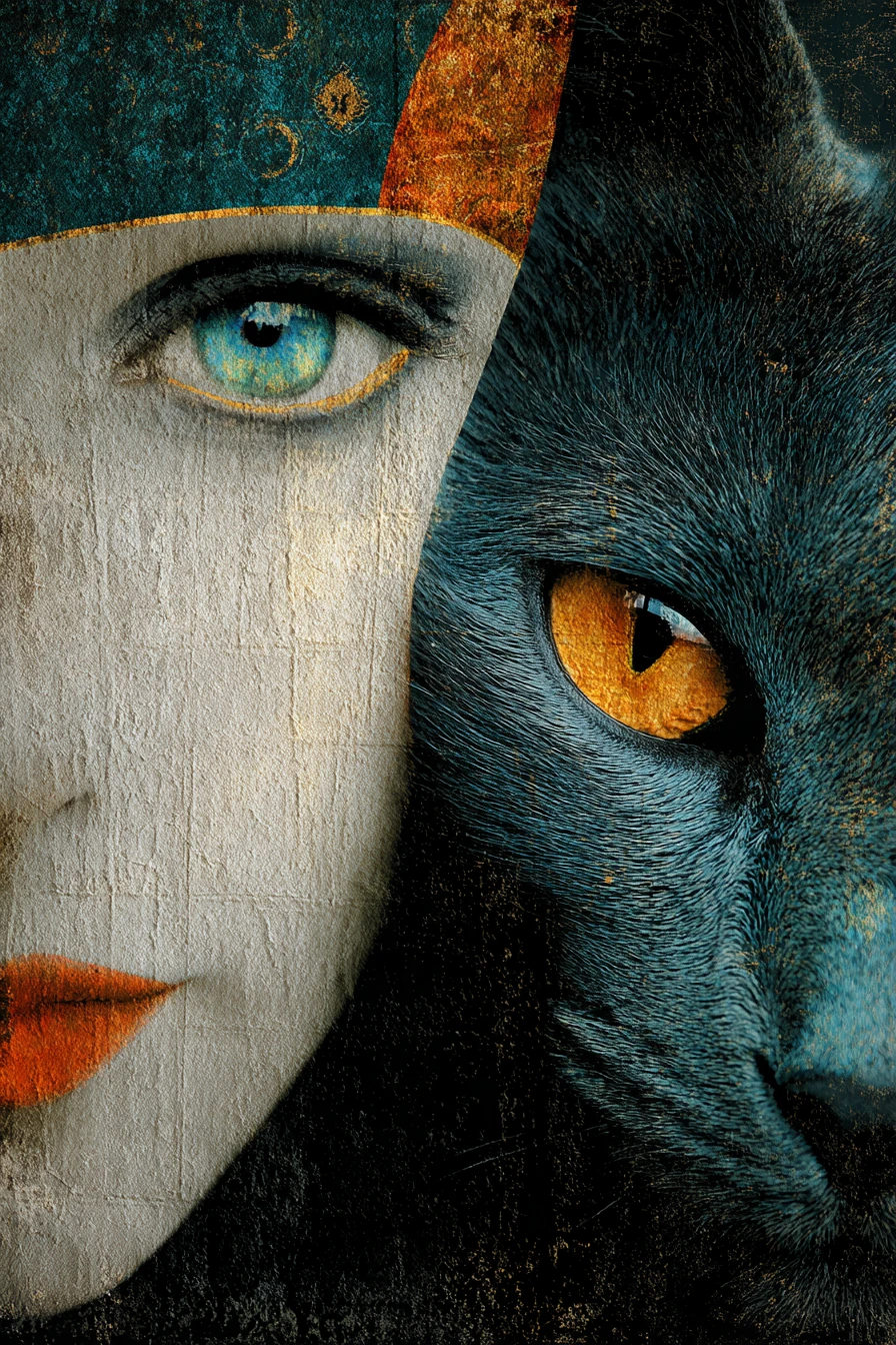 Portrait surréaliste de chat fashion aux yeux bleu-vert saisissants