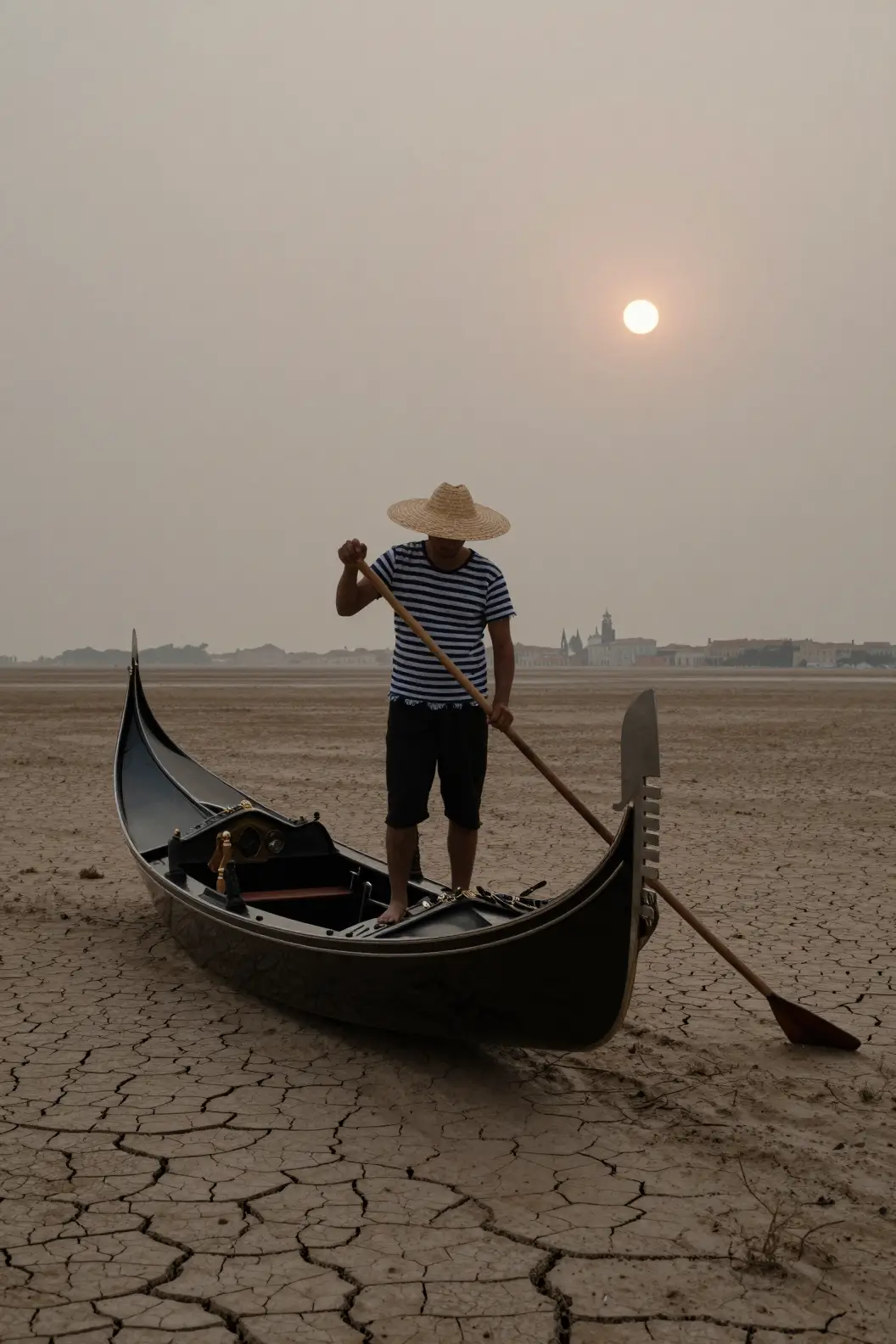 Gondolier Standing In A Desert Gondola Under A Hazy Sun
