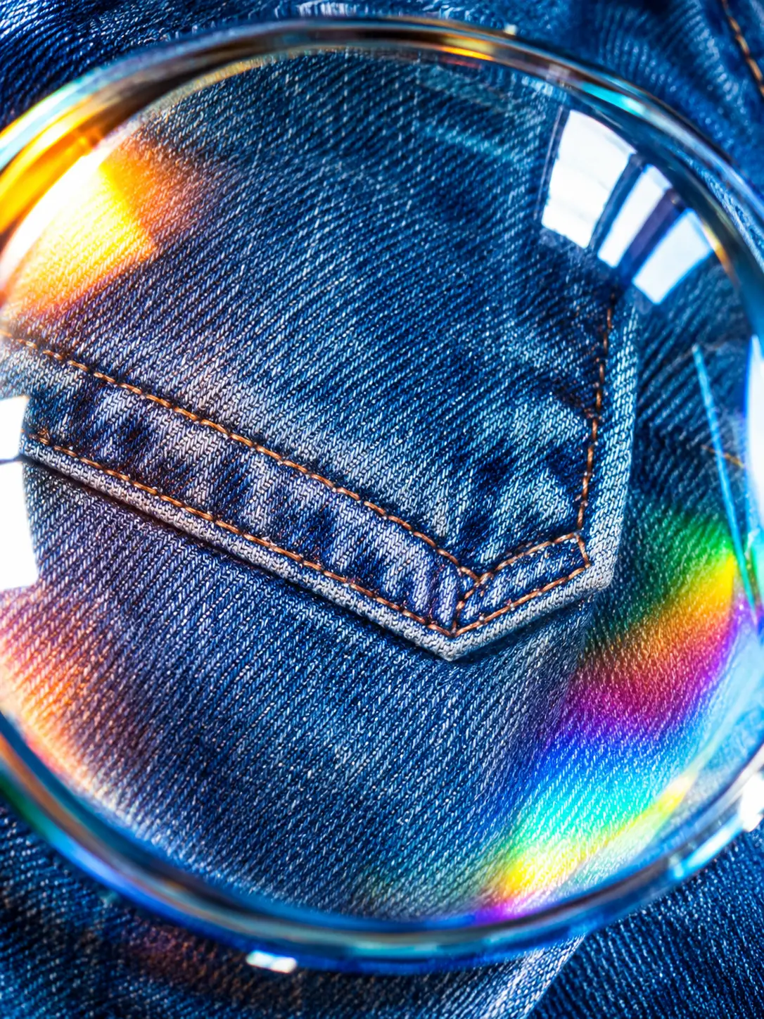 Close up denim texture with colorful glass reflections
