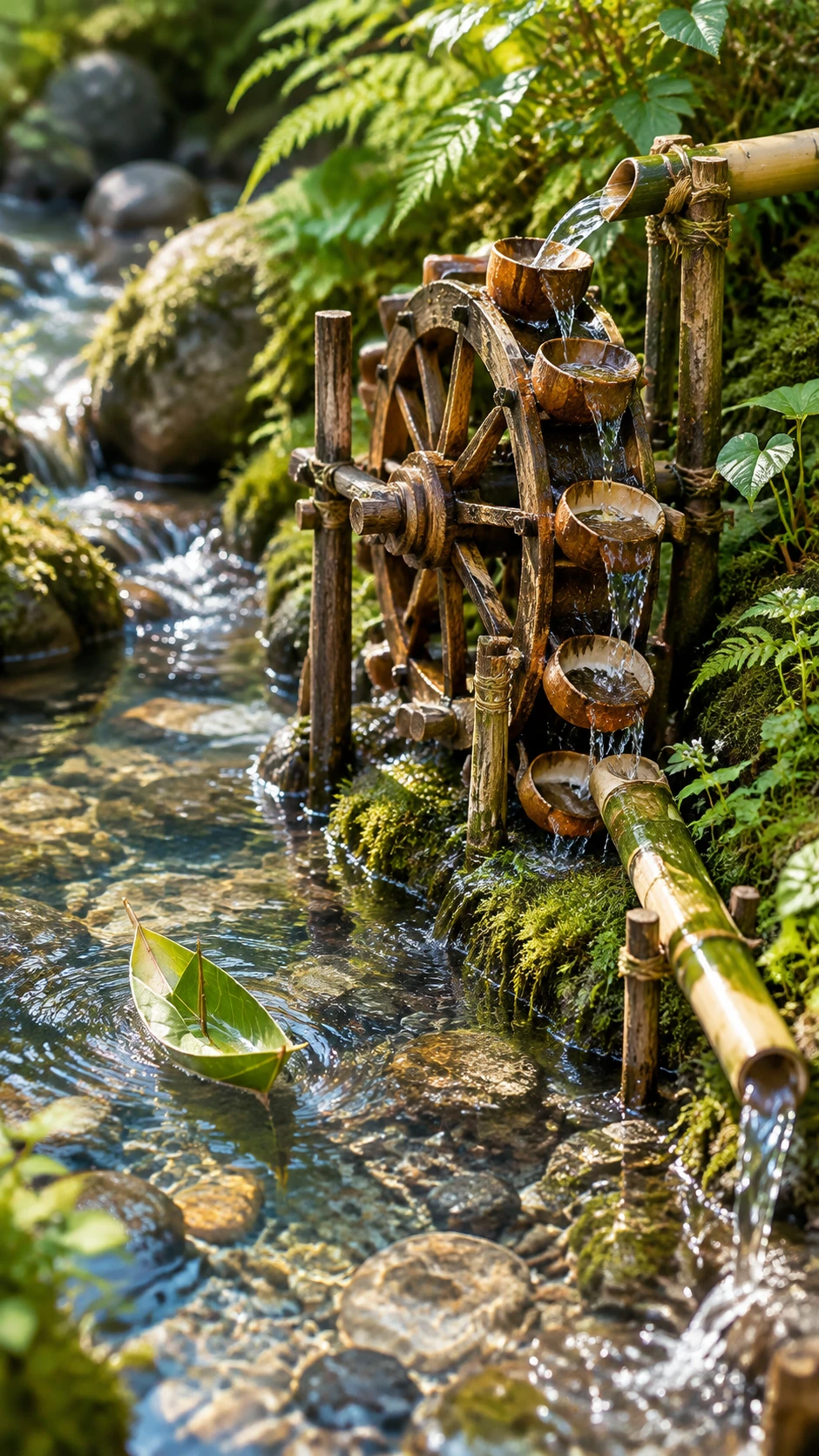 Miniature water wheel on a clear forest stream