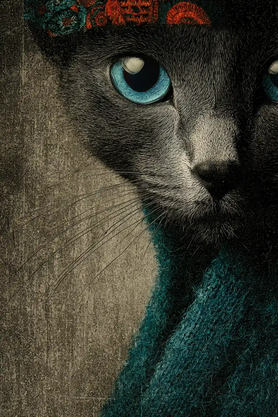 Retrato surreal de gato fashion com marcantes olhos azul-esverdeados