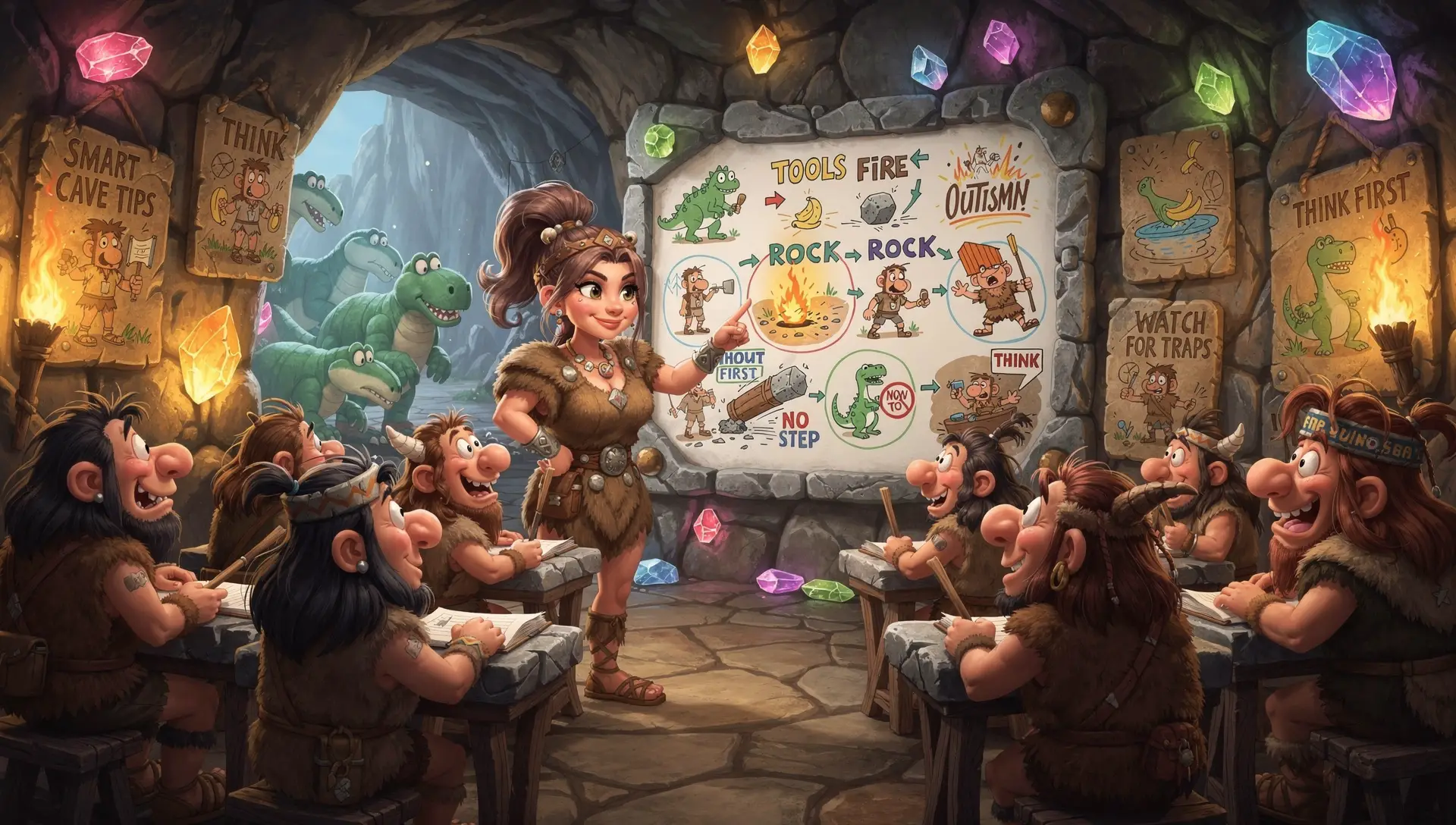 Neanderthal classroom with clever teacher outsmarting dinosaurs