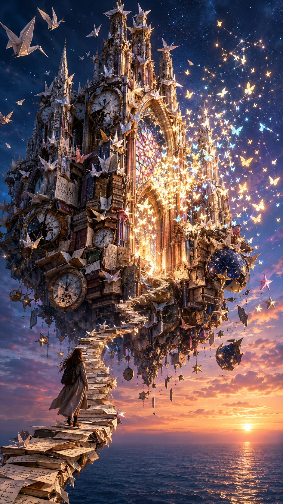 Surreal Paper Cathedral Floating Above A Twilight Ocean