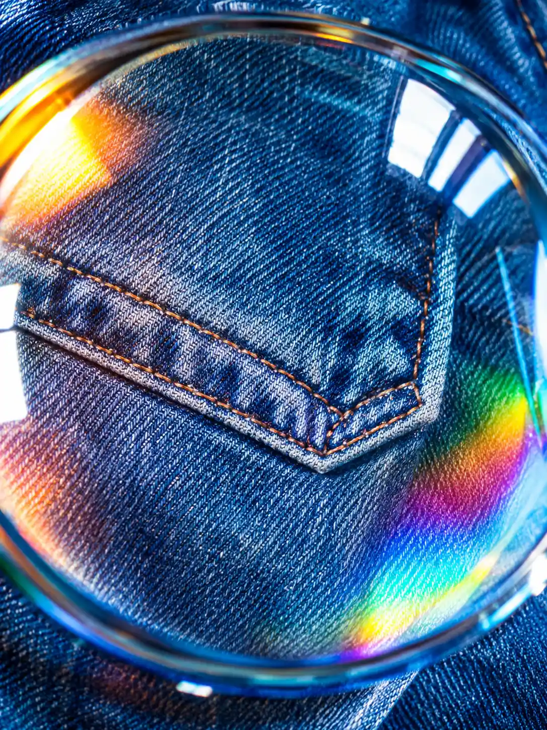 Close up denim texture with colorful glass reflections