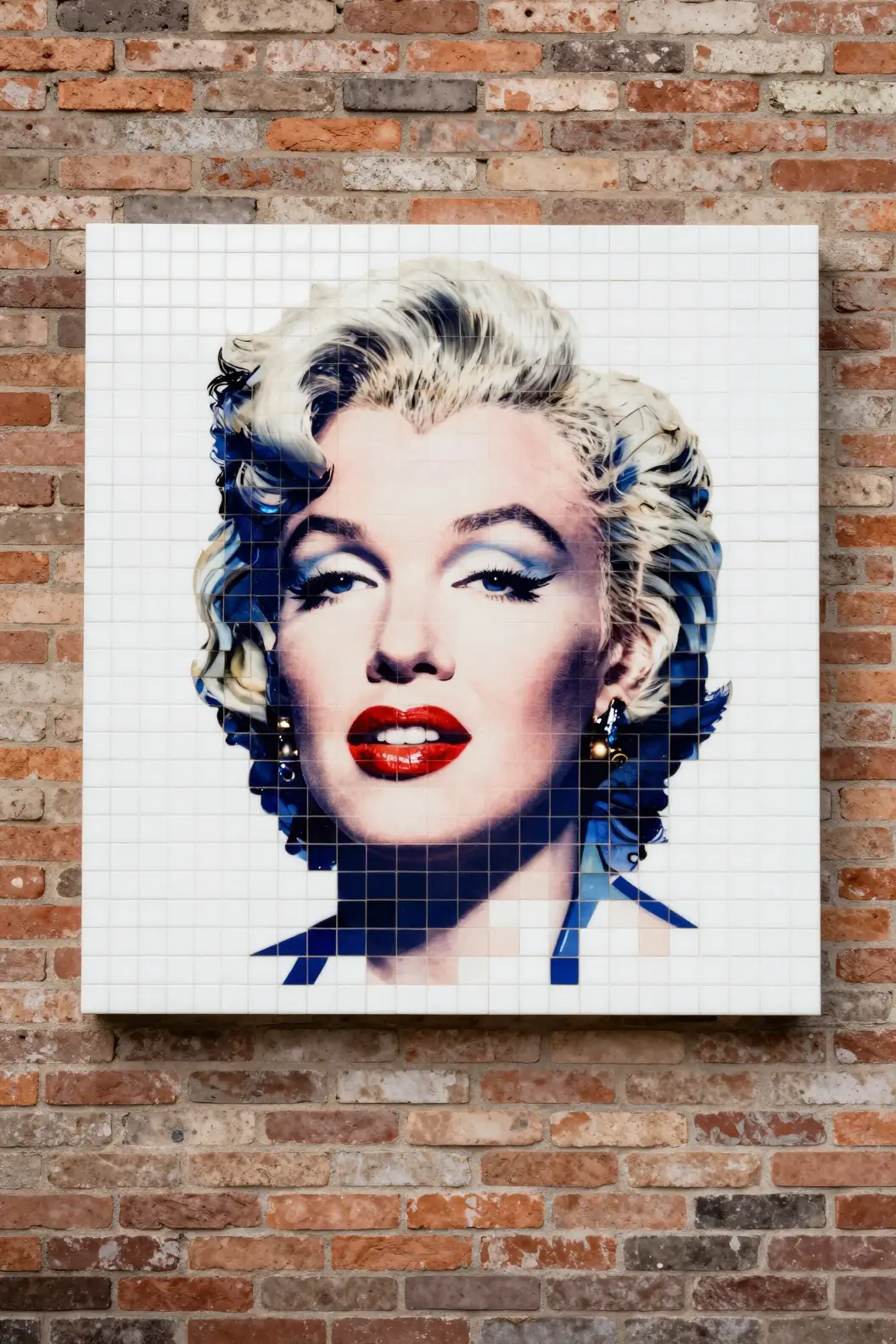 Colorful mosaic portrait of Marilyn Monroe on brick wall