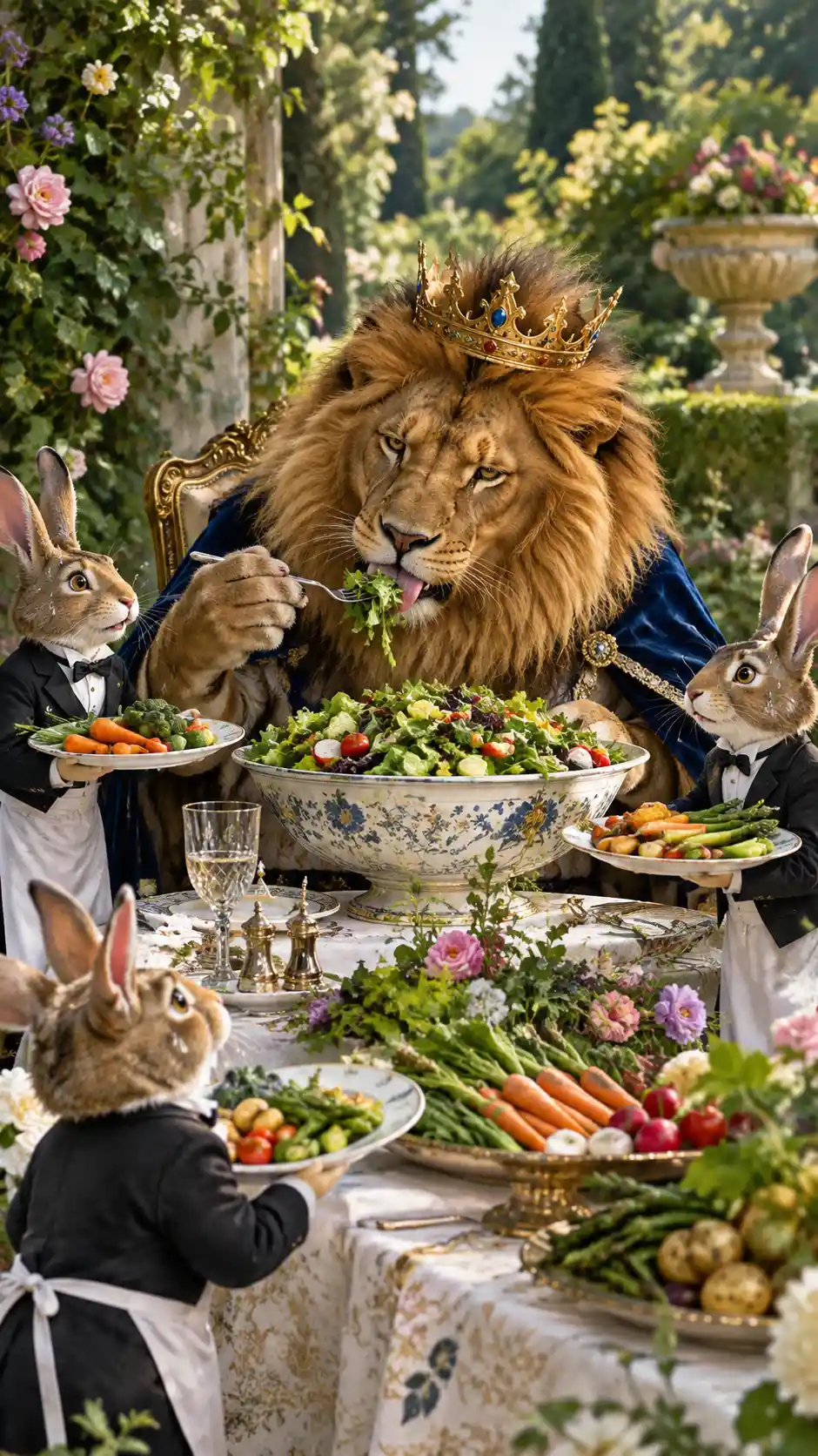 Lion majestueux dînant à une table de jardin servi par des lapins