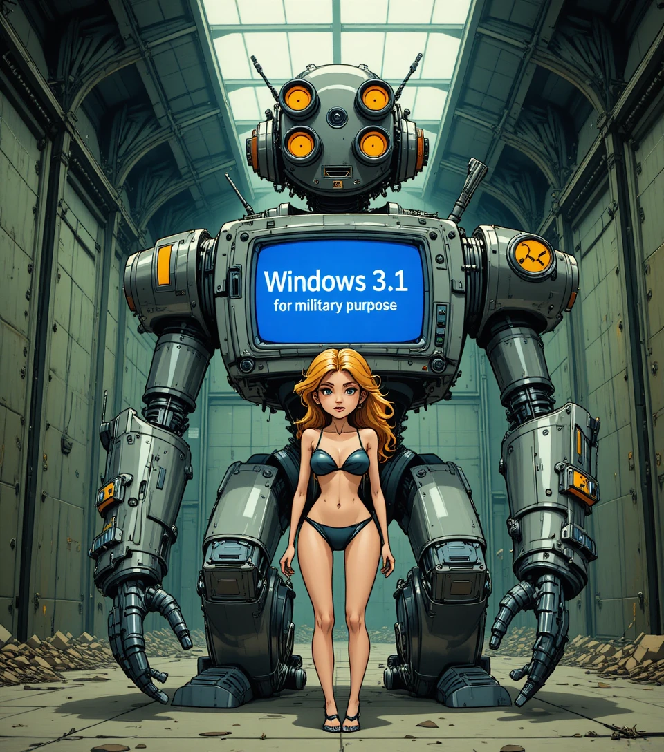 Retro war robot with rocket launcher in industrial hangar