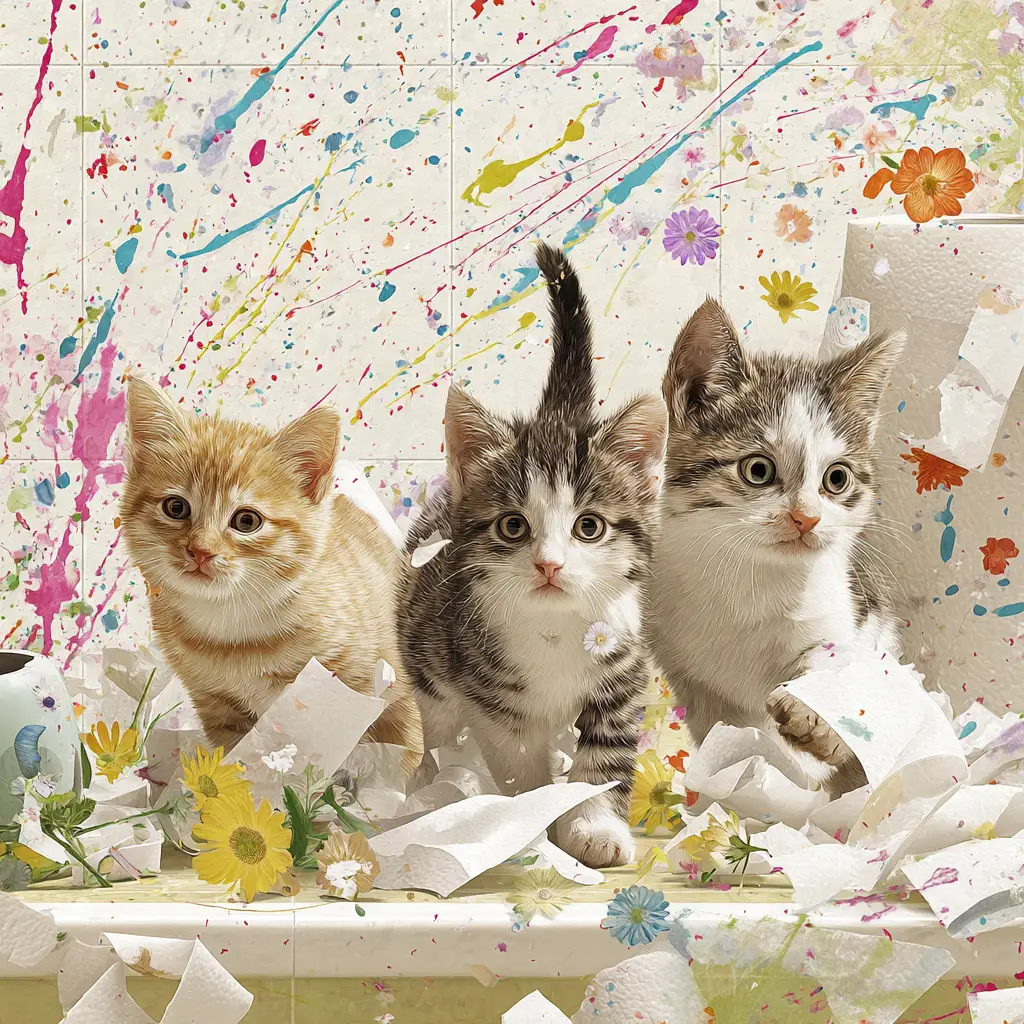 Playful kittens in a whimsical bathroom with flying toilet paper