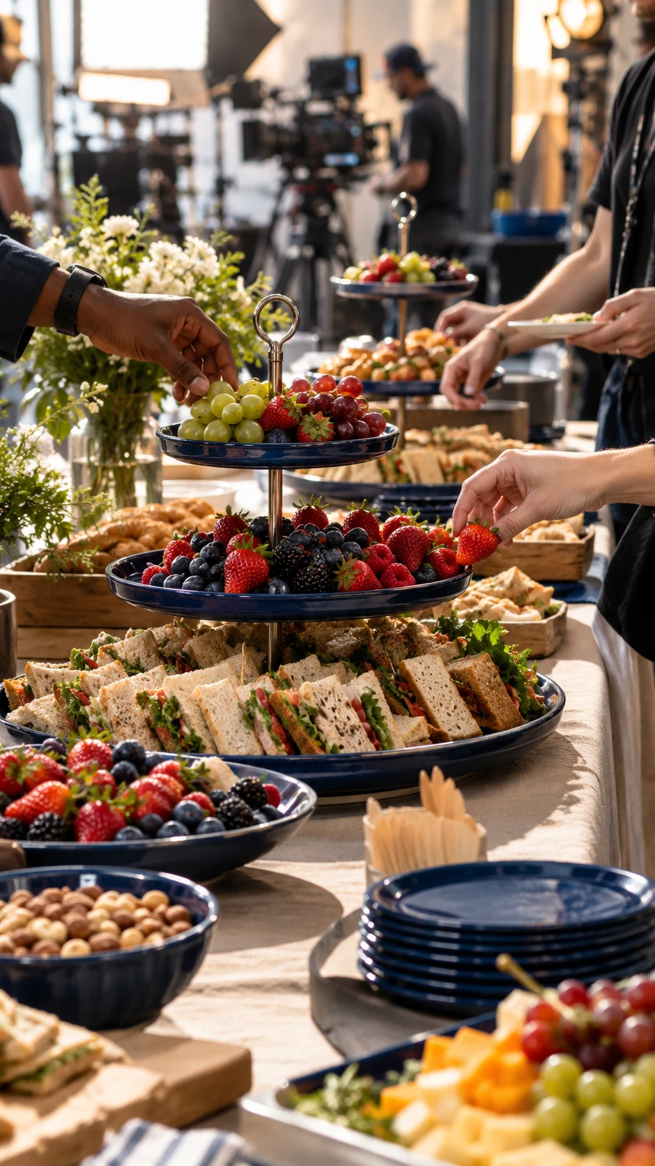 Craft service buffet on a busy film production set
