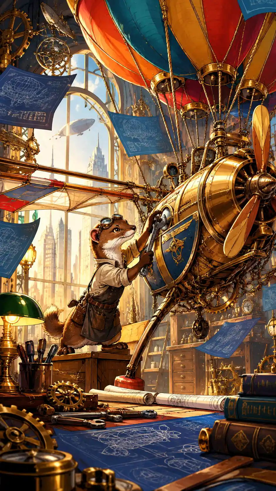 Determined weasel building a whimsical brass flying machine