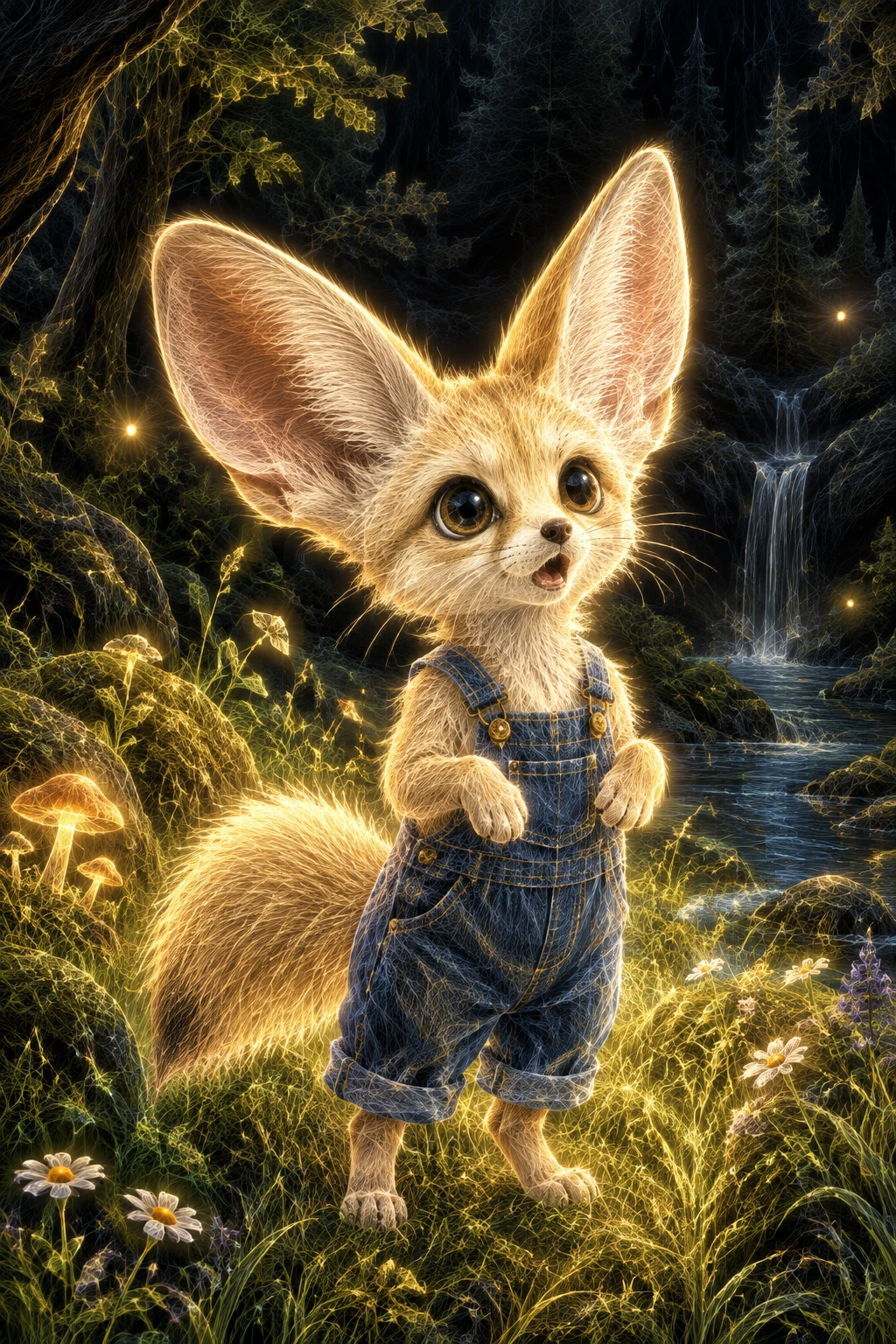 Cute fennec fox in denim overalls glowing in forest