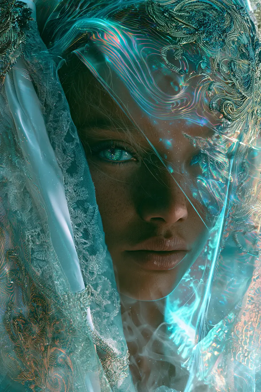 Enigmatic woman in a dreamlike realm of luminous patterns