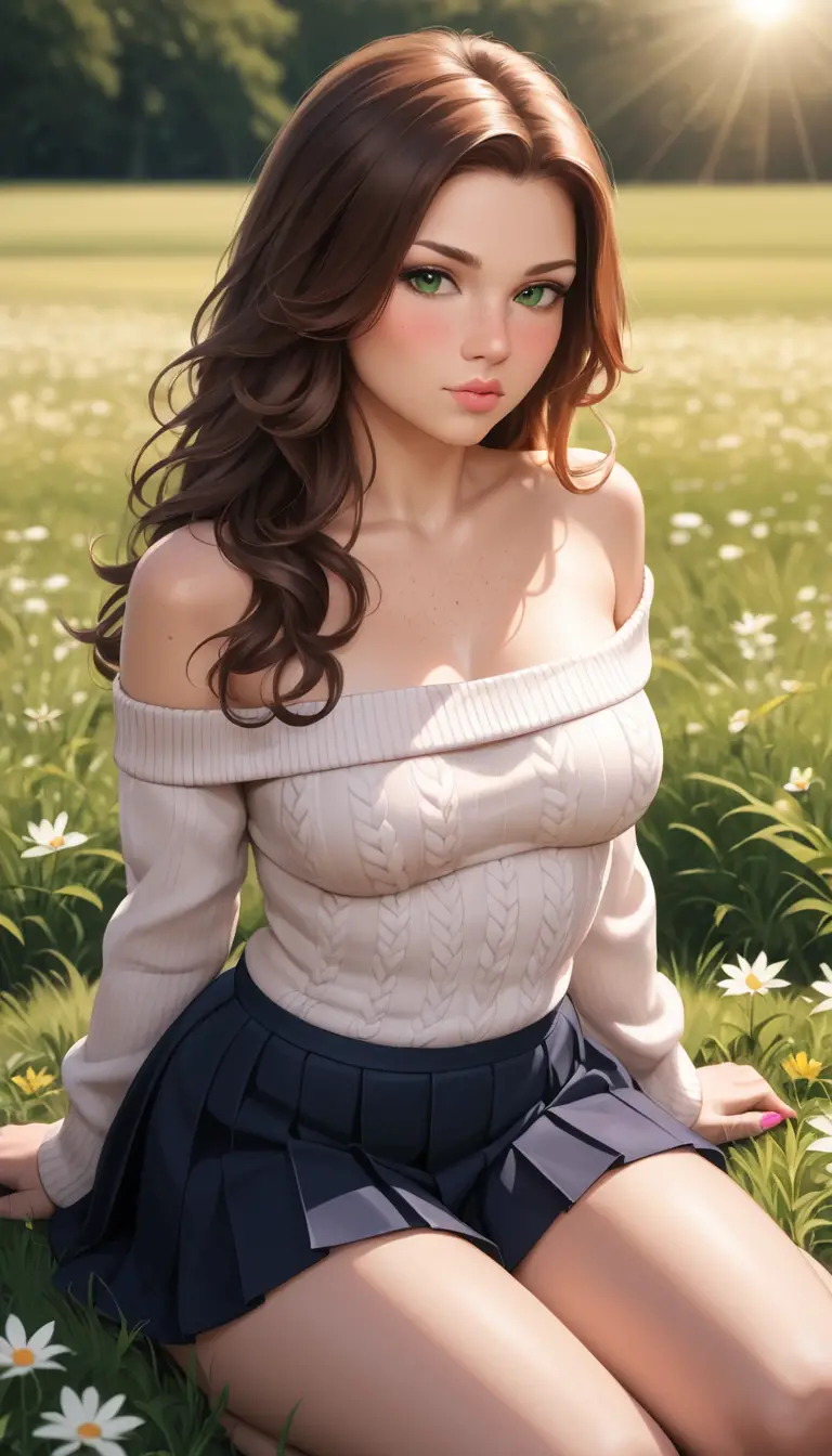 Young woman posing on a grassy field in sunlight