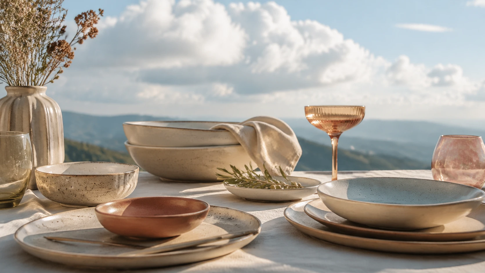 Minimalist white stoneware tableware in modern editorial scene