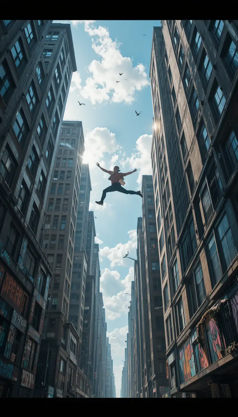 Parkour athlete soaring between city skyscrapers at sunrise