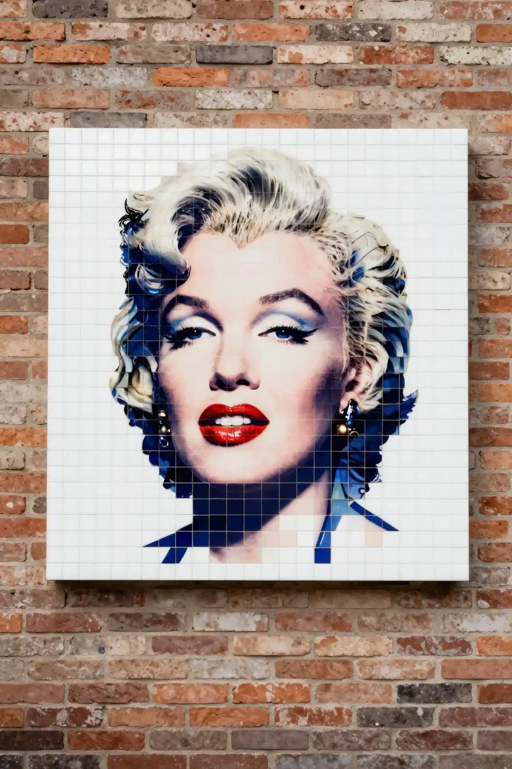 Colorful mosaic portrait of Marilyn Monroe on brick wall