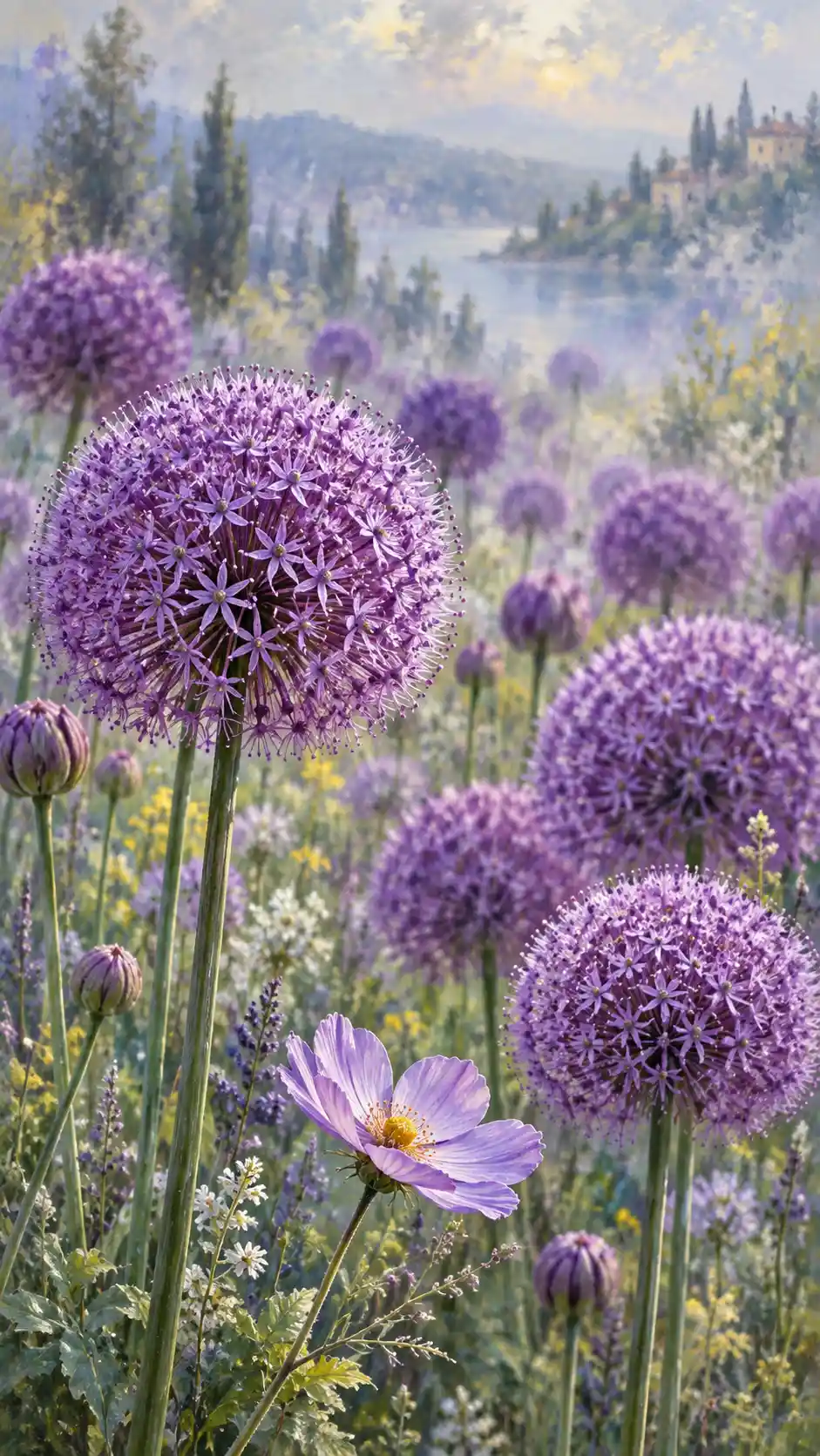 Purple allium flower field in soft impressionist style