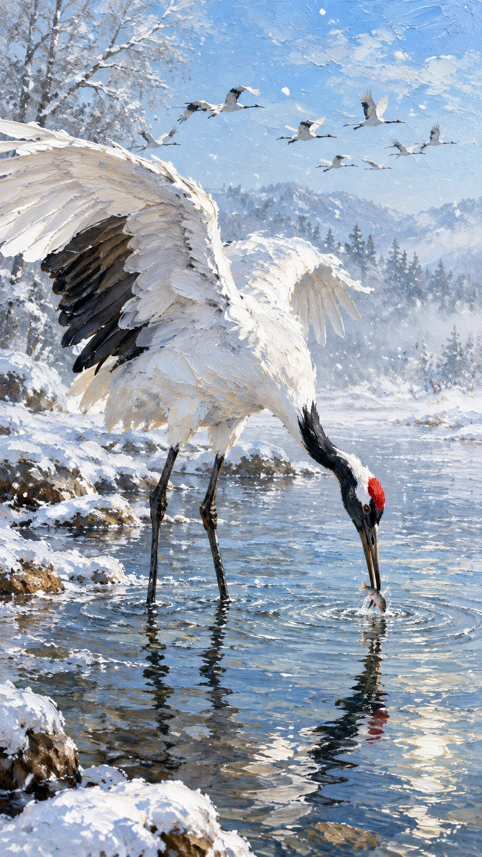Red crowned crane hunting in a quiet winter river